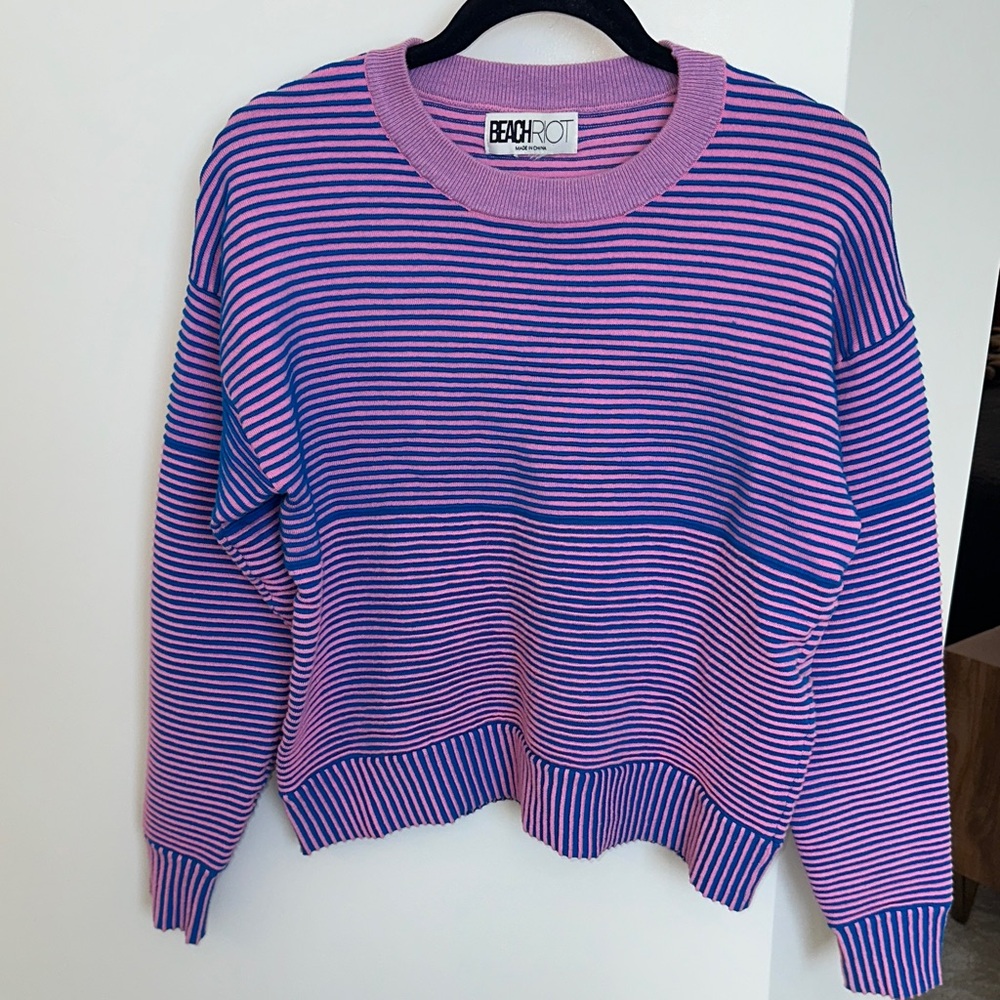 Beach Riot Women's Pink and Blue Striped Sweater